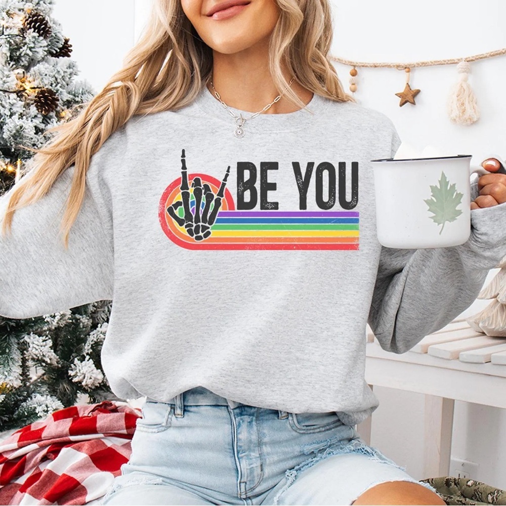 NWT ALLGOOD Artistry ‘Be You’ Skeleton Hand Rainbow Pride Sweatshirt Gray Sz Med